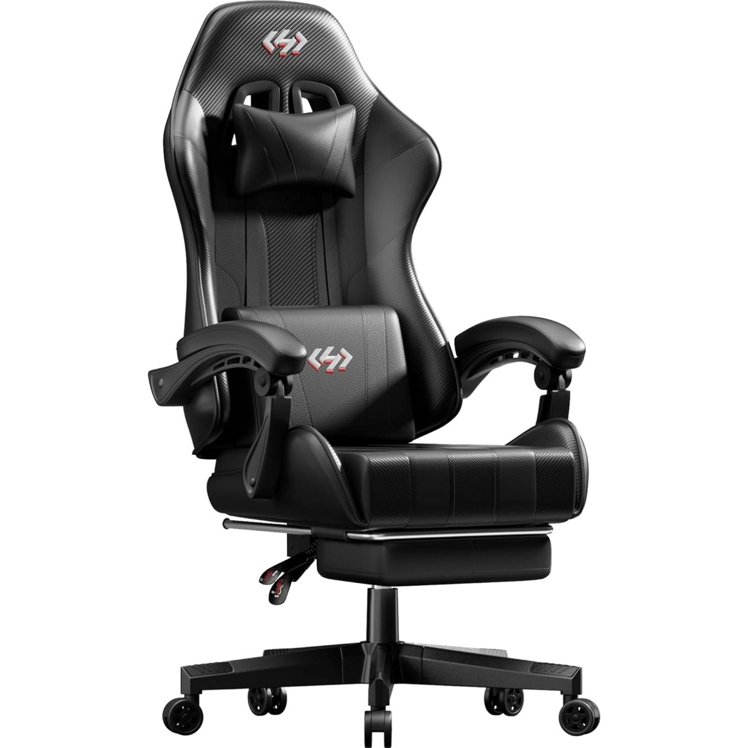 Black ergonomic gaming chair with lumbar and neck support, leather finish, and padded arms