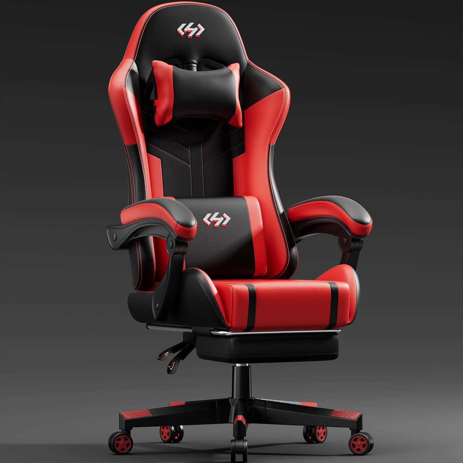 Red and black gaming chair with headrest and lumbar support