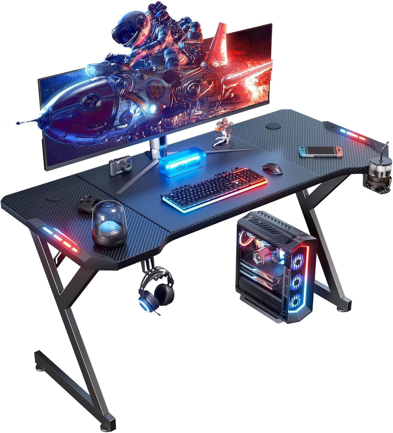 55-inch gaming desk with RGB lights, carbon fiber surface, headphone hook, and cup holder – ideal for immersive setups