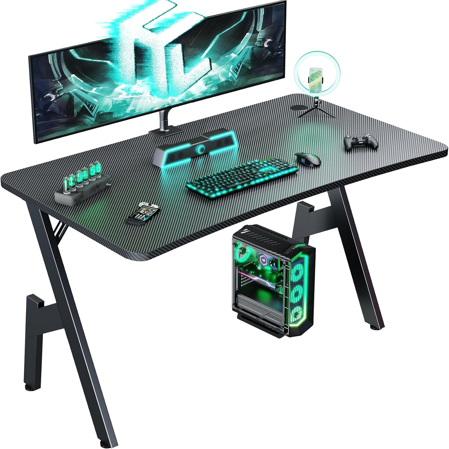 Gaming desk with green LED setup, featuring ultra-wide monitor, mechanical keyboard, and under-mounted PC case with green lighting