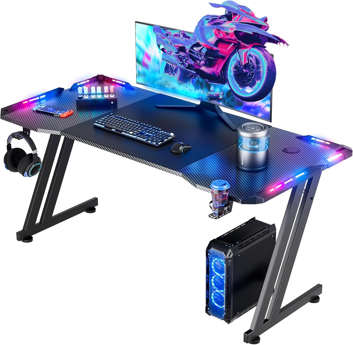 Gaming desk with RGB lights, wide monitor, and PC setup in cyber style
