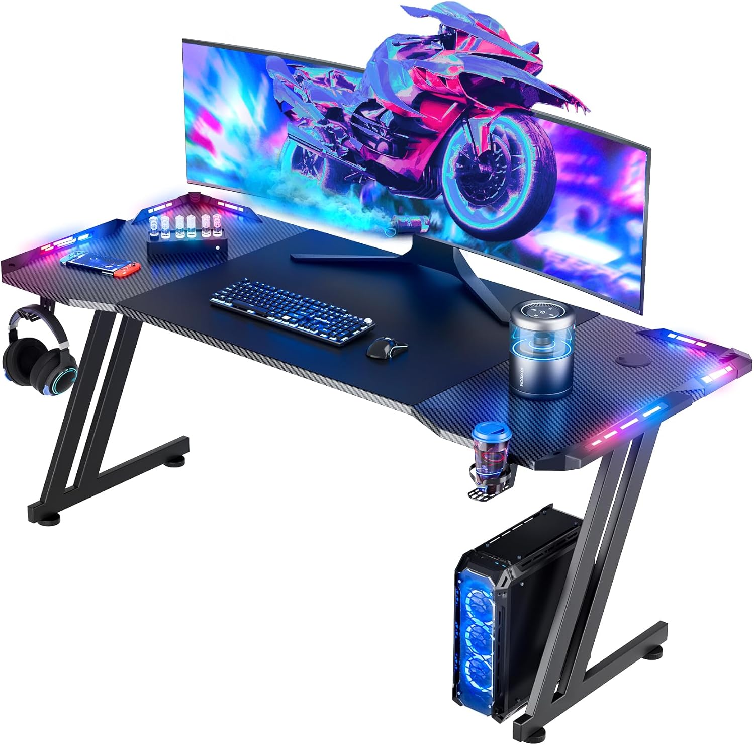 Ergonomic gaming desk with curved desktop, RGB lighting and immersive setup for gamers