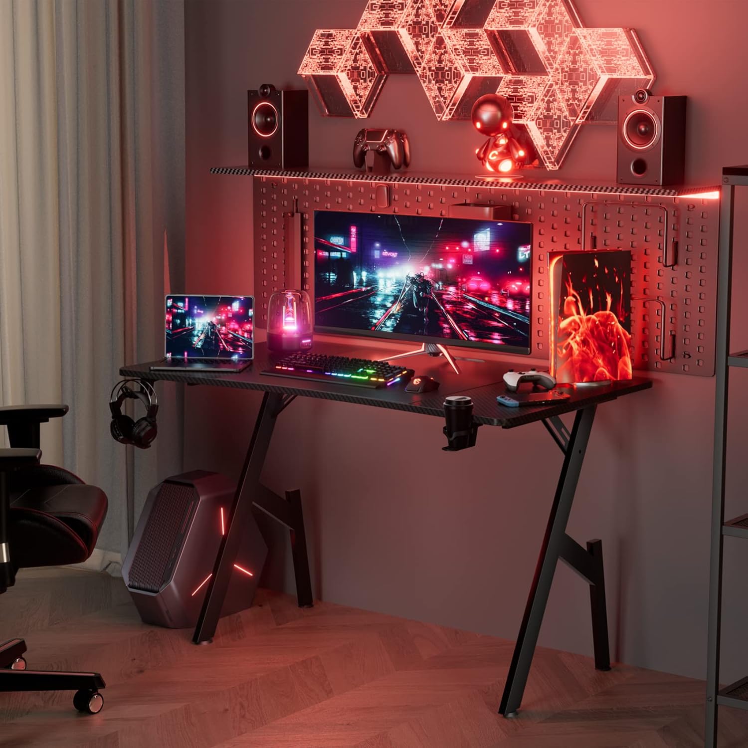 Modern gaming station with red ambient lighting and dual monitors