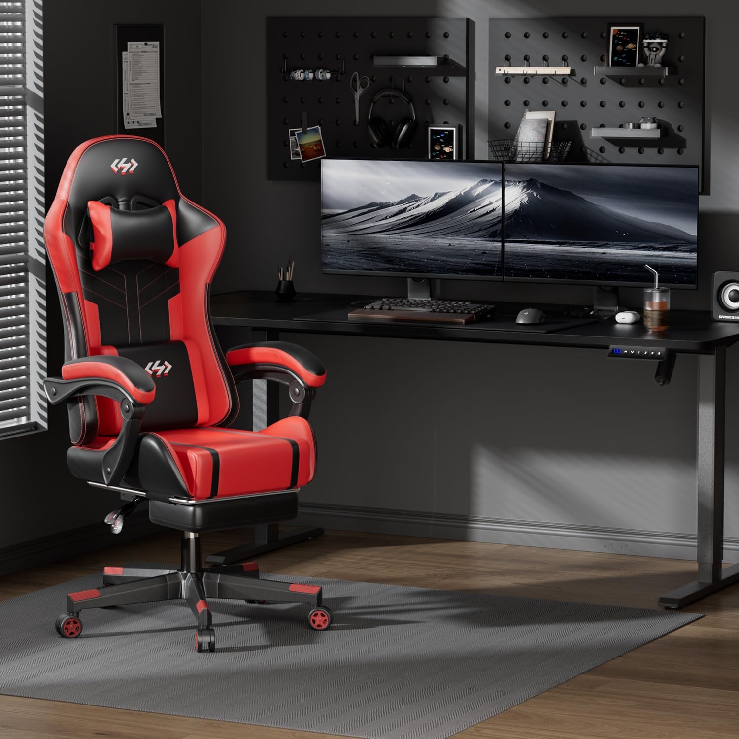 Gaming chair in modern workspace with dual-monitor setup