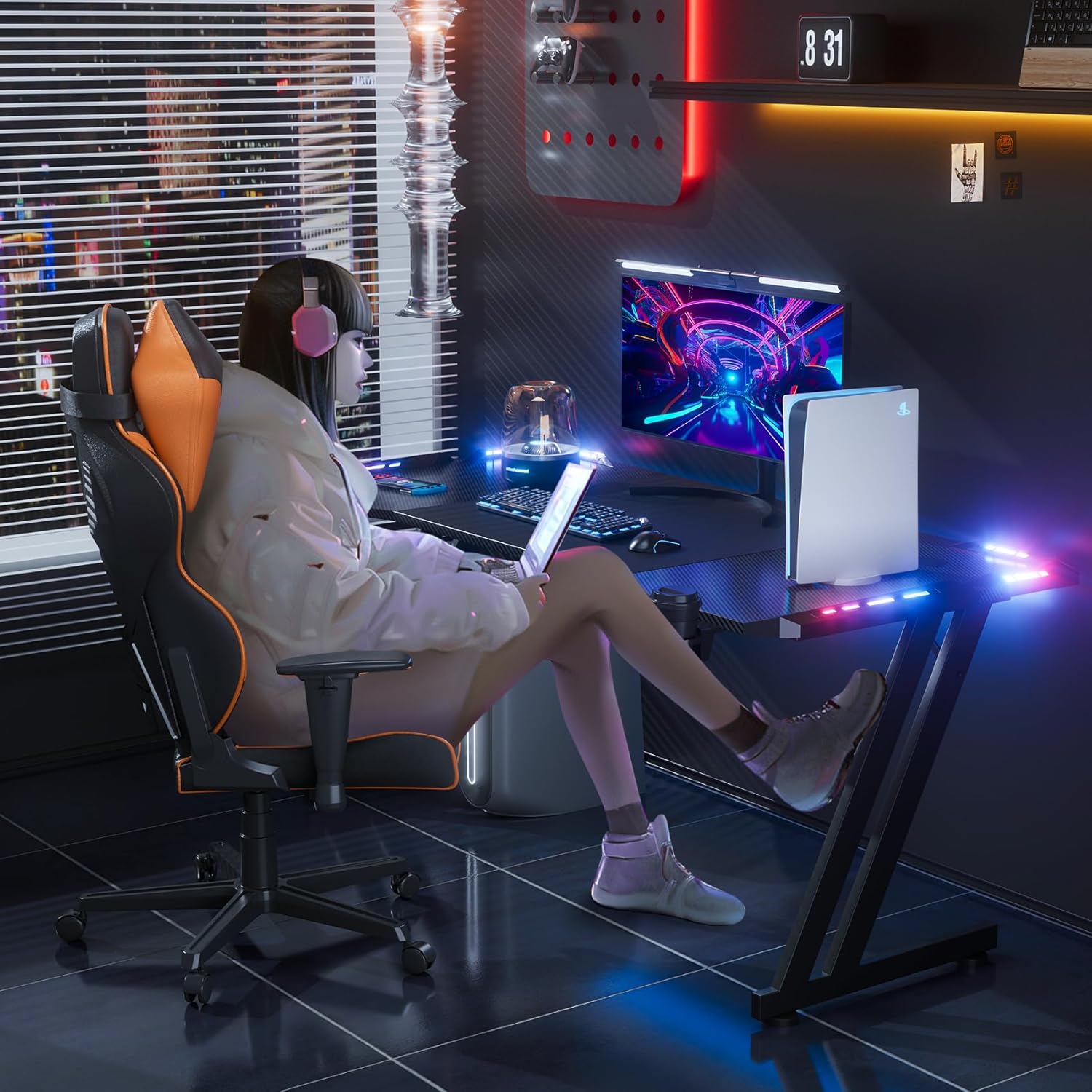 Multifunctional gaming workstation with carbon fiber surface and organized accessories