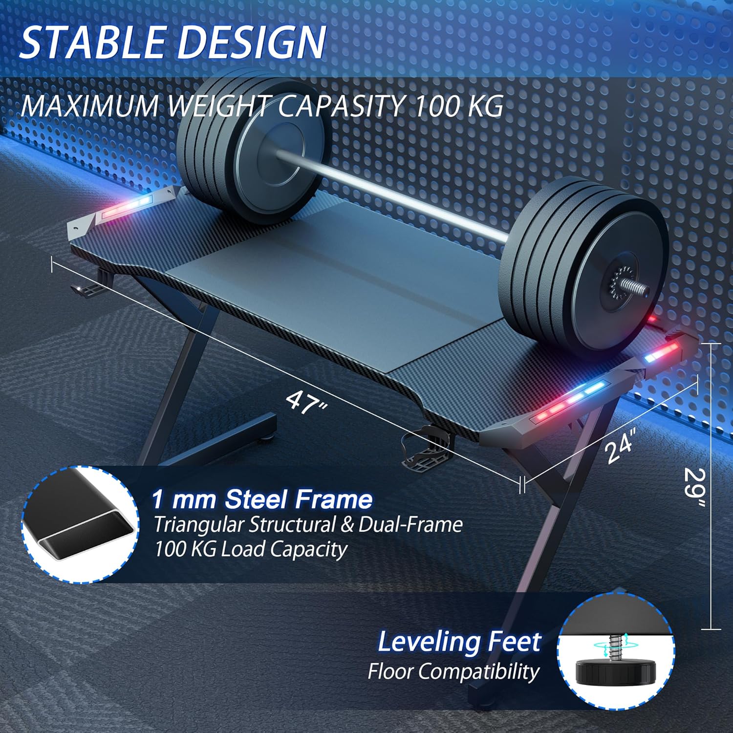 Steel frame gaming desk holding 100 KG barbell