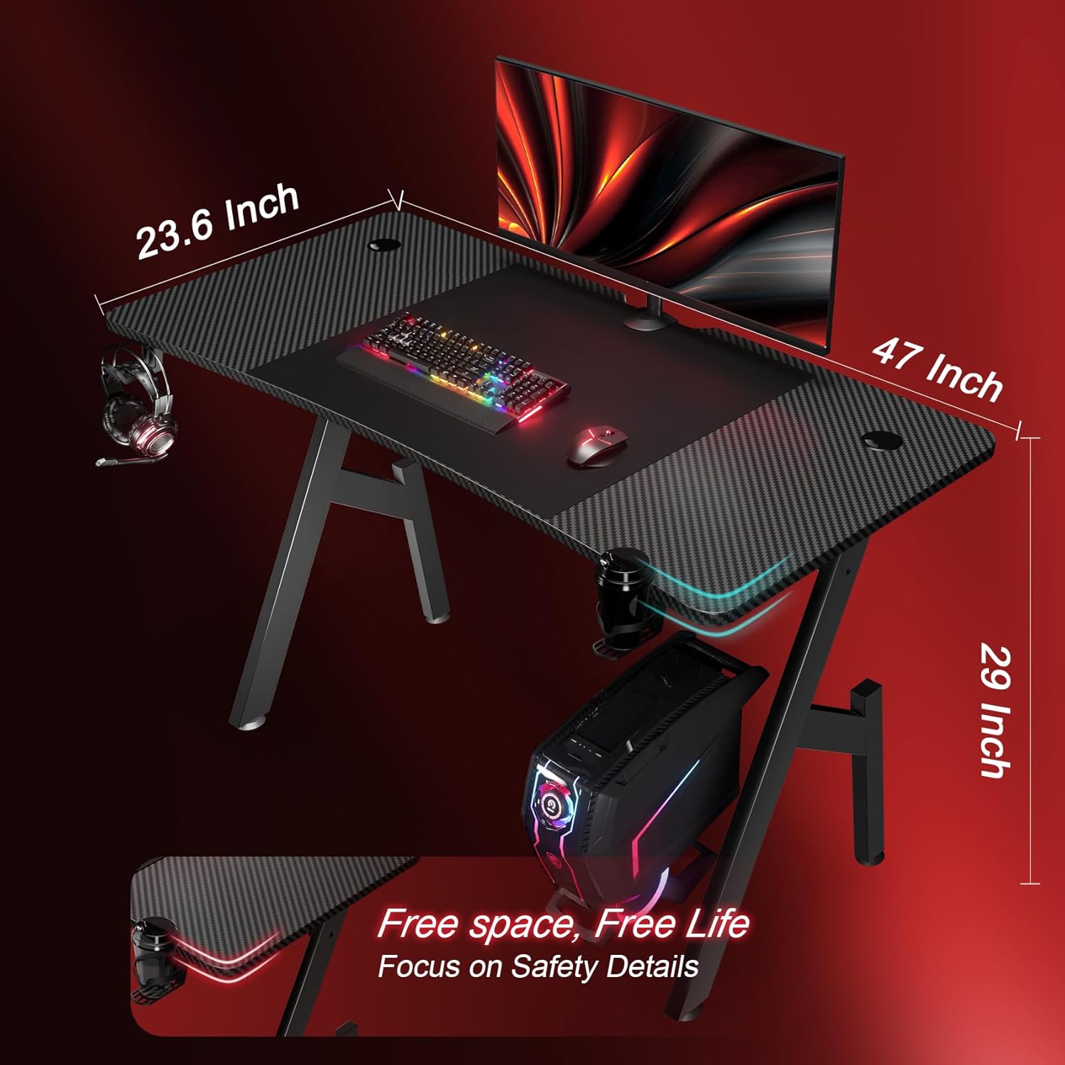 Compact gaming desk with carbon fiber surface and dimensions labeled