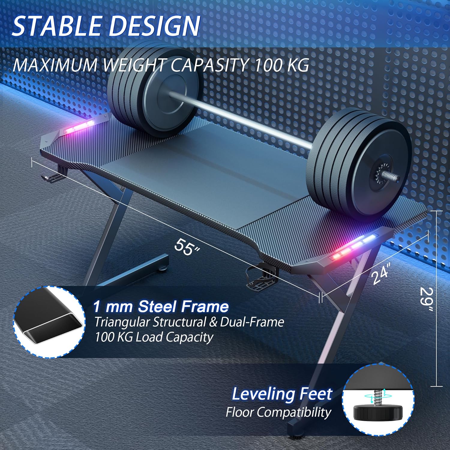 Gaming desk dimensions – 55 x 24 x 29 inches, supports up to 100 kg with 1mm steel frame and leveling feet for stability