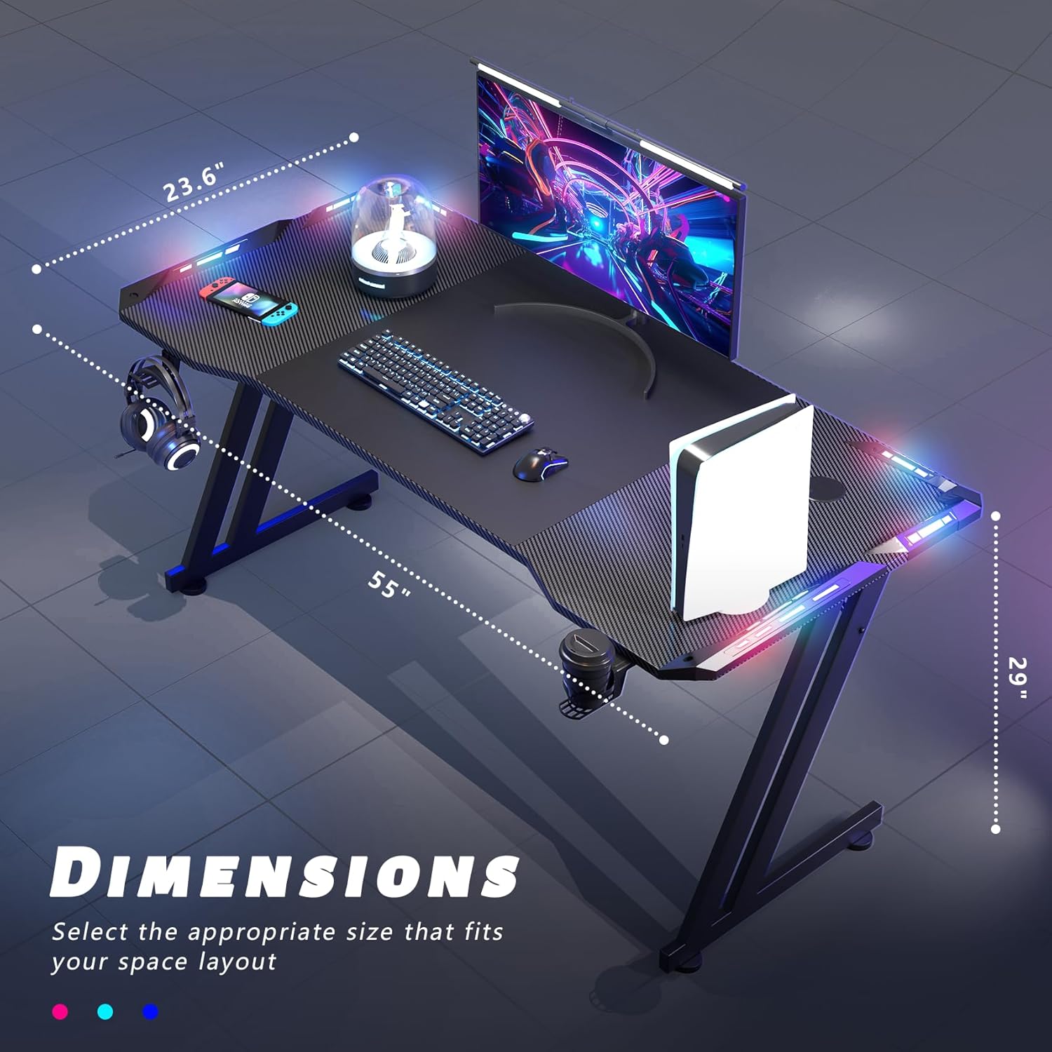 55 inch gaming desk with dimensions and headset holder in top view