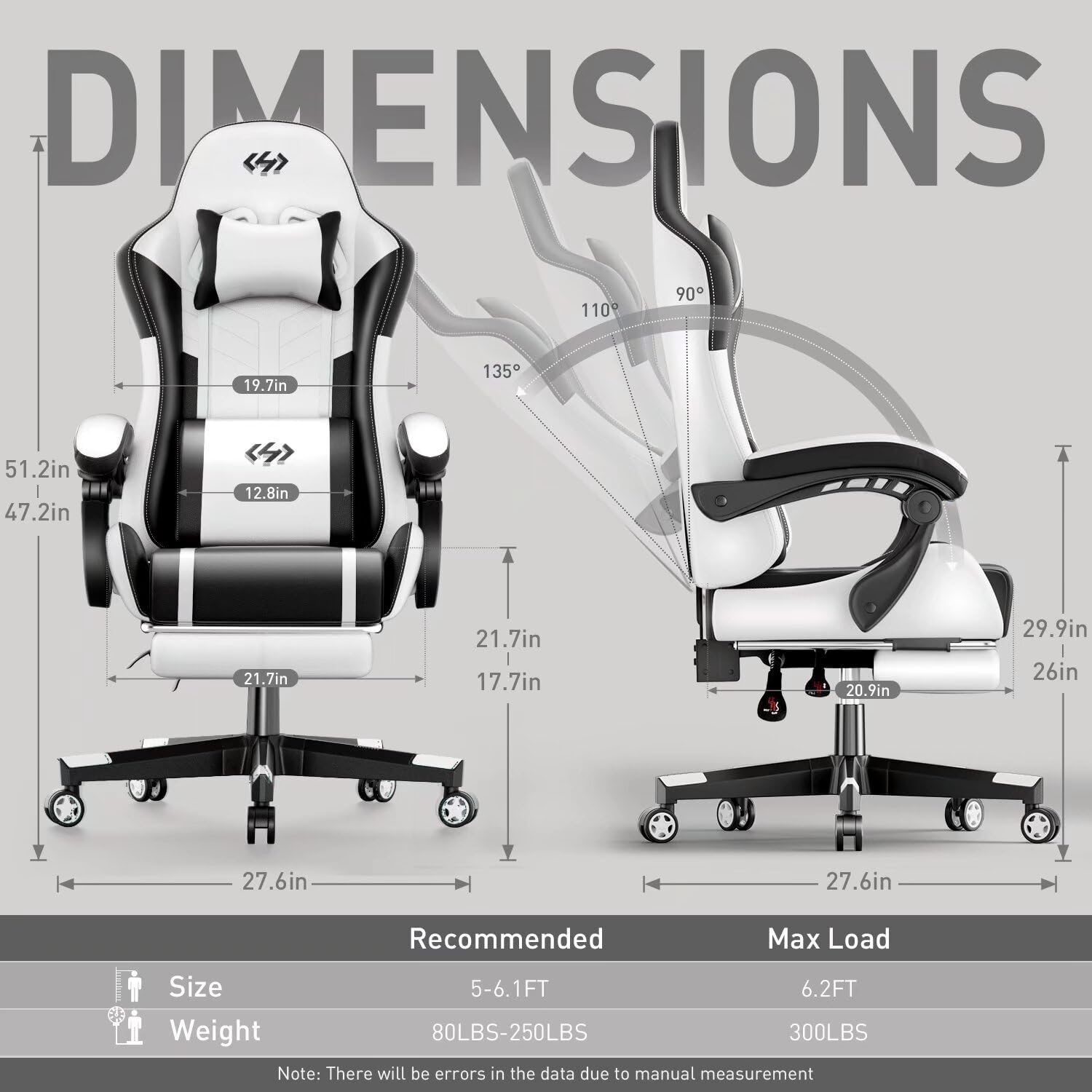 Gaming chair dimensions chart showing full measurements, reclining angles, and weight recommendations