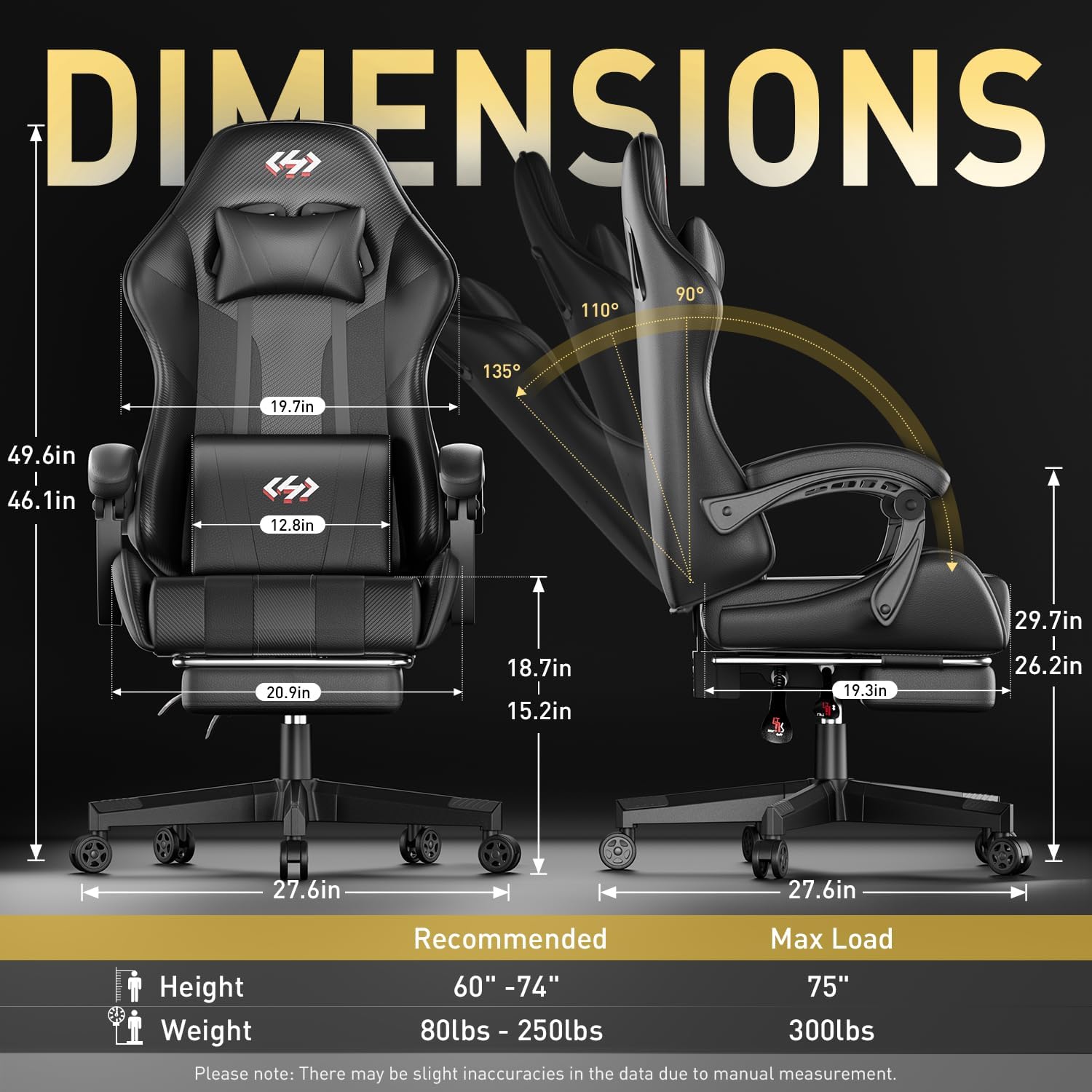 Gaming chair dimensions with recline angles and seat width for various user sizes and comfort