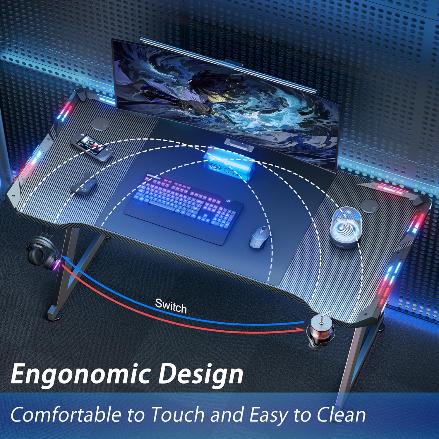 Curved edge design of gaming desk showing ergonomic reach zones