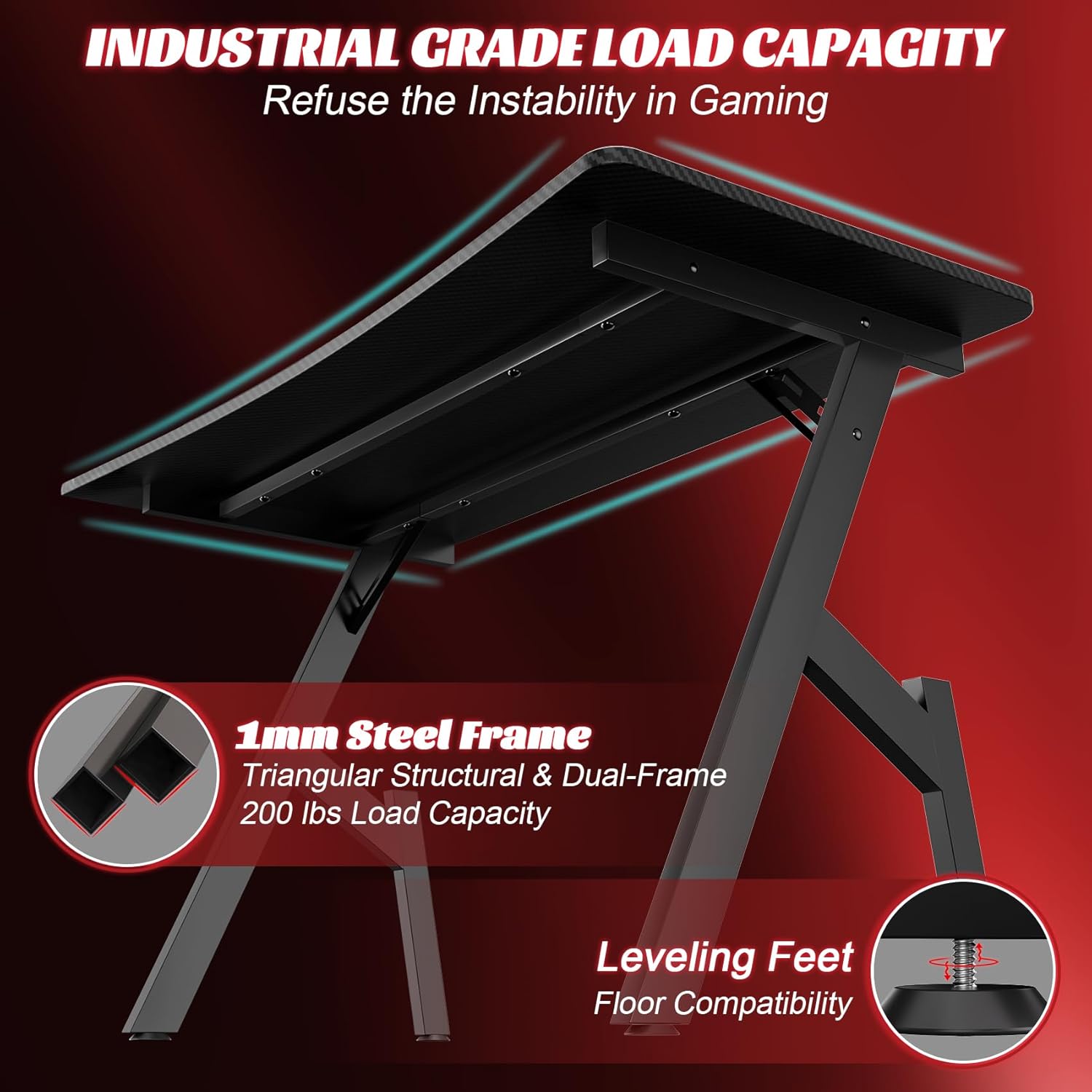 Underside view of gaming desk showcasing steel frame and leveling feet
