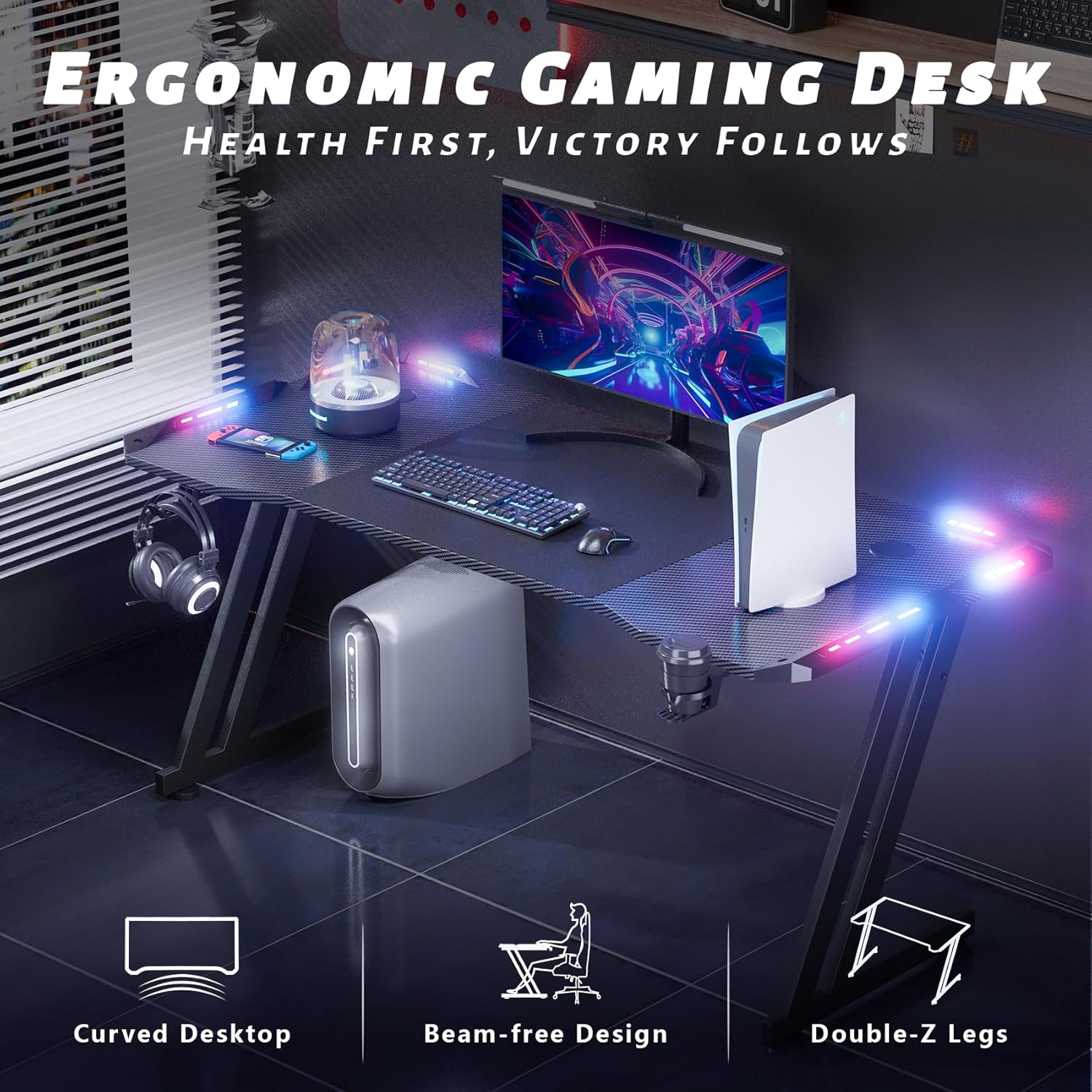 Ergonomic gaming desk with curved edge and LED lights for comfort