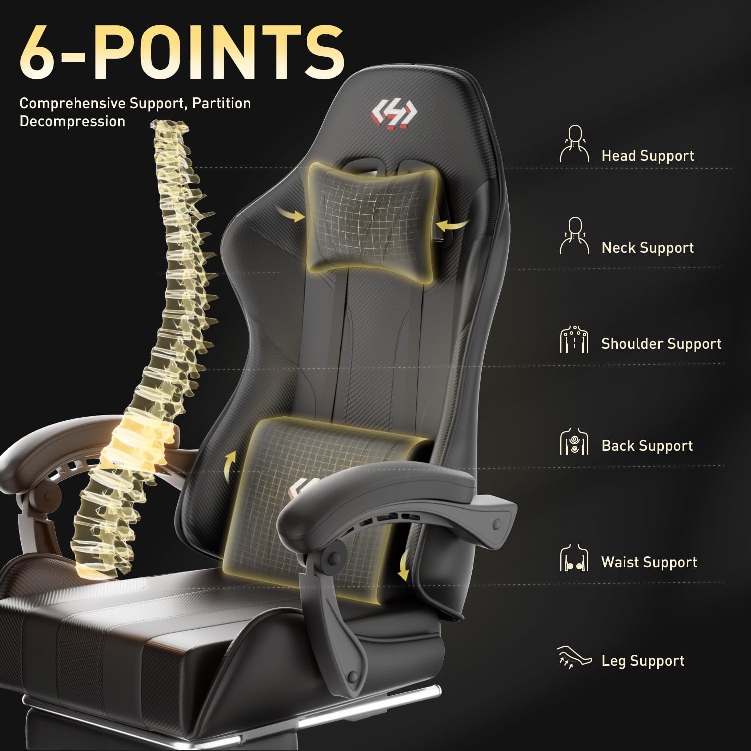 Gaming chair with full-body ergonomic support across six pressure zones including legs and waist