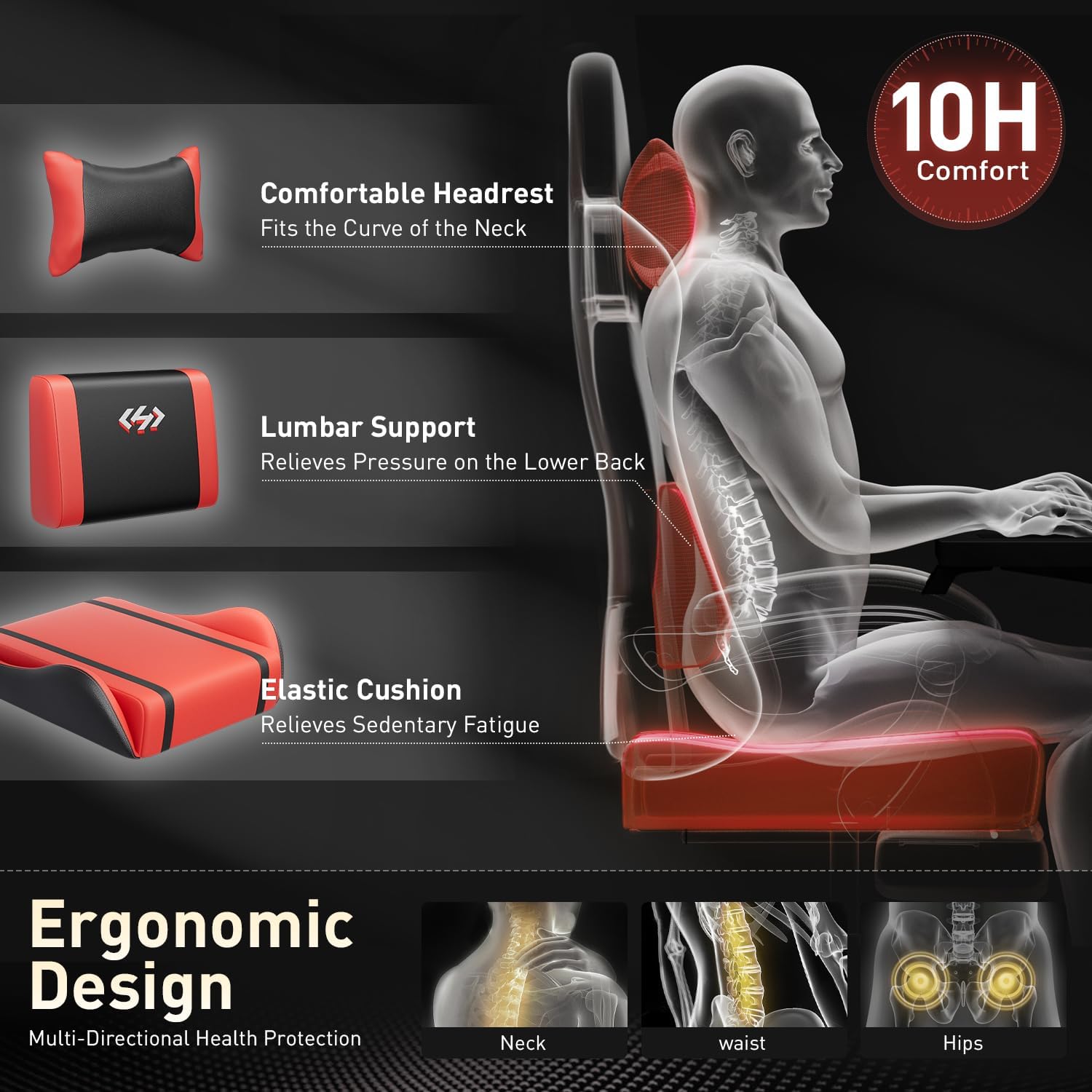 Ergonomic chair design with neck, lumbar, and hip support