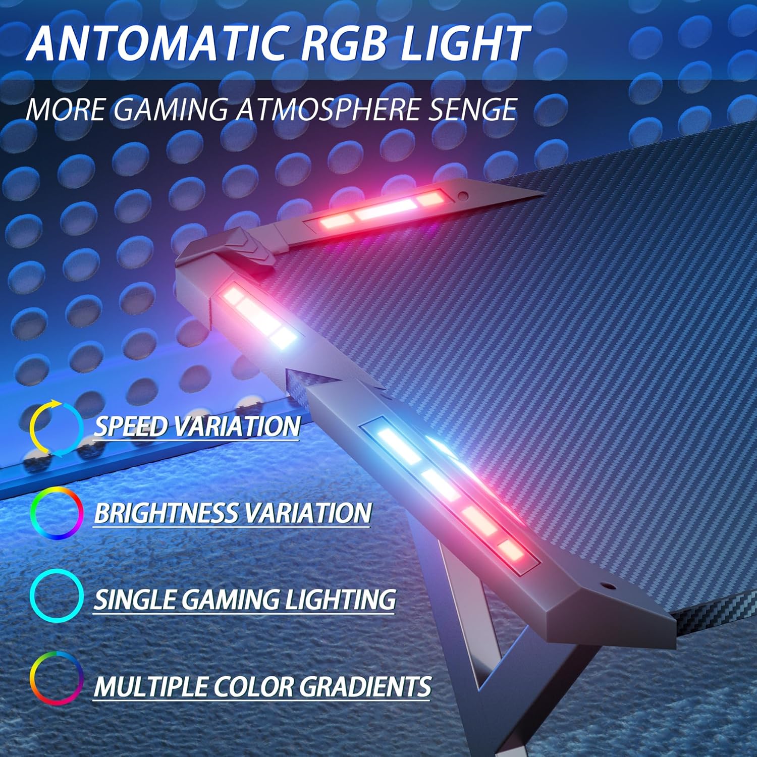 Close-up of RGB lighting modes on gaming desk corner