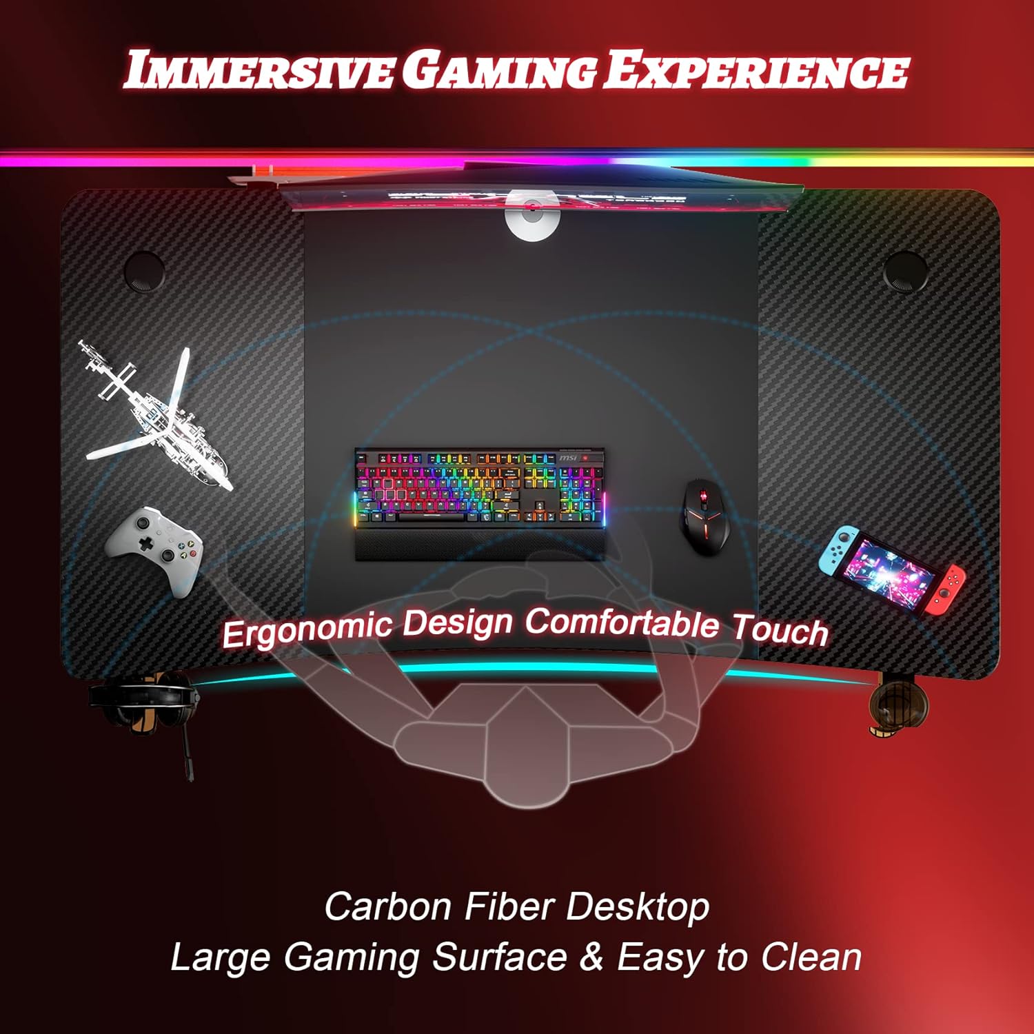 Top-down view of ergonomic carbon fiber desk with immersive gaming layout
