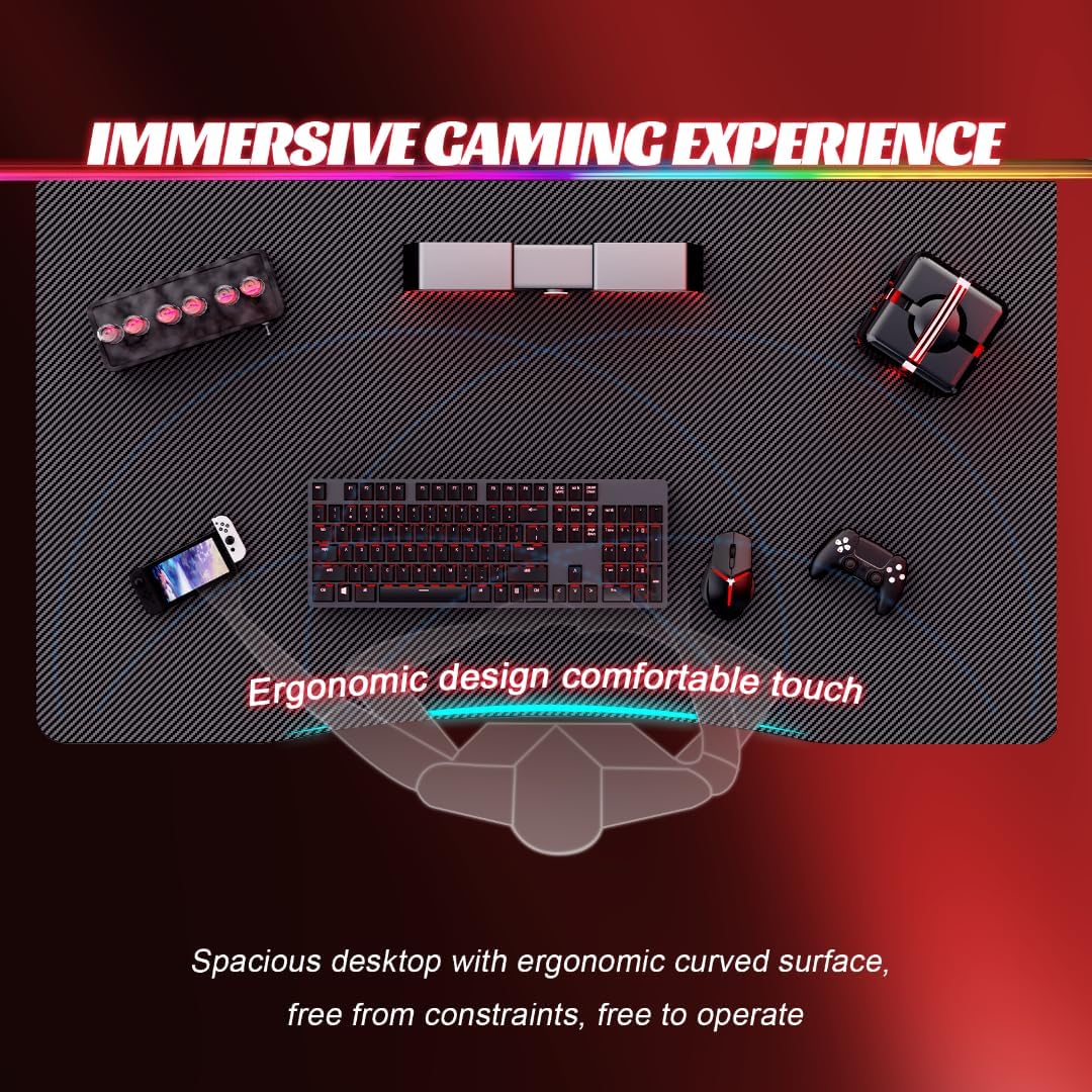 Top-down view of a carbon fiber gaming desk with ergonomic curved surface, full keyboard setup, and gaming accessories