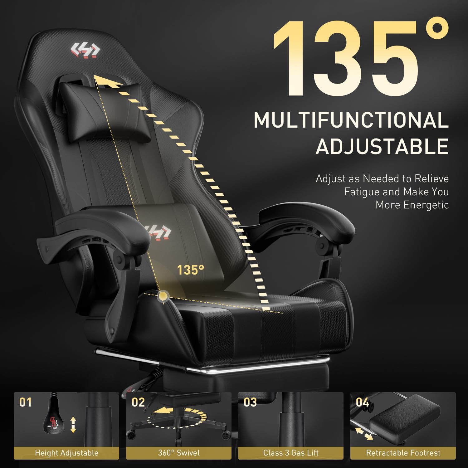Gaming chair reclined at 135 degrees with labeled adjustment features and leg rest extension