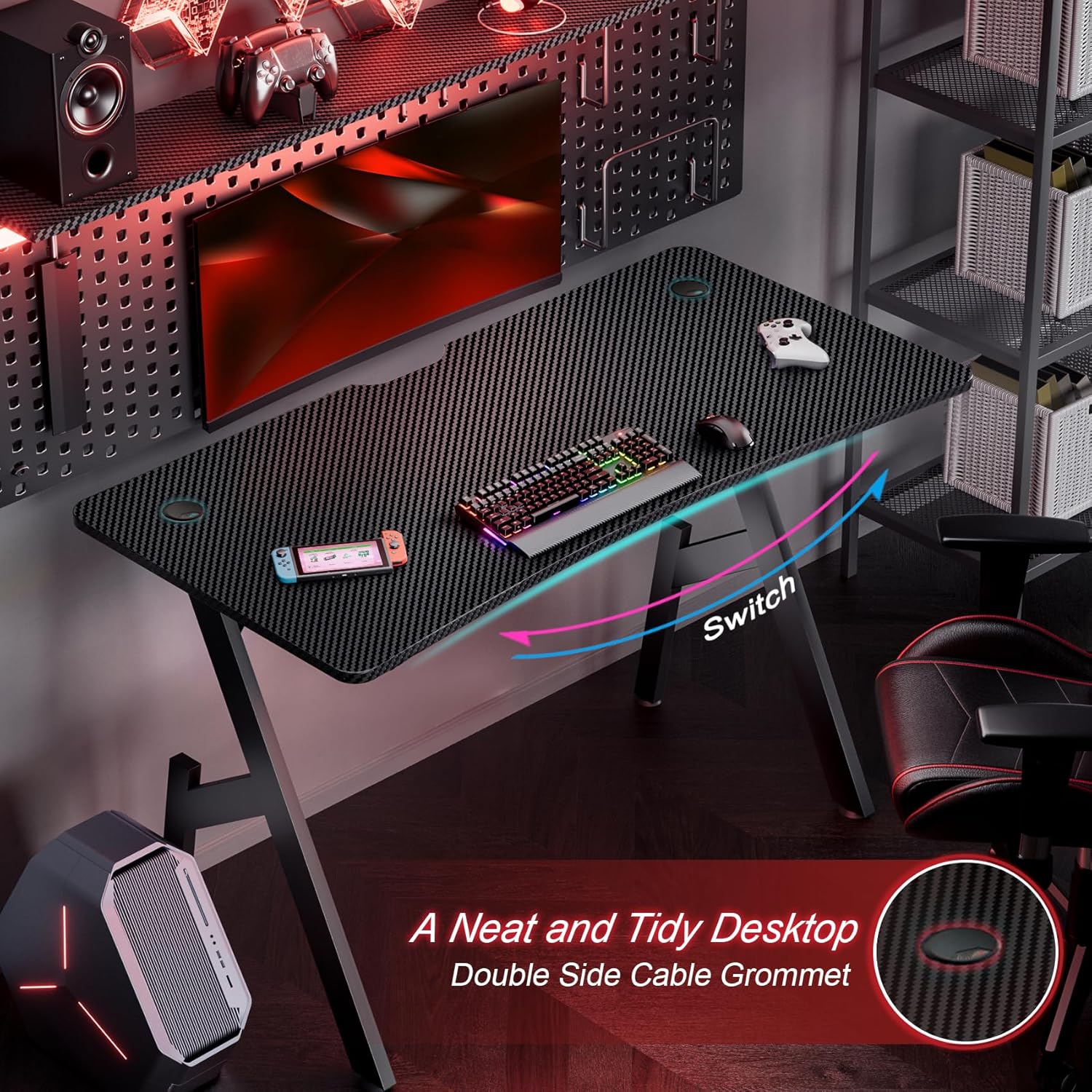 Gaming table with cable grommets and wide carbon fiber surface