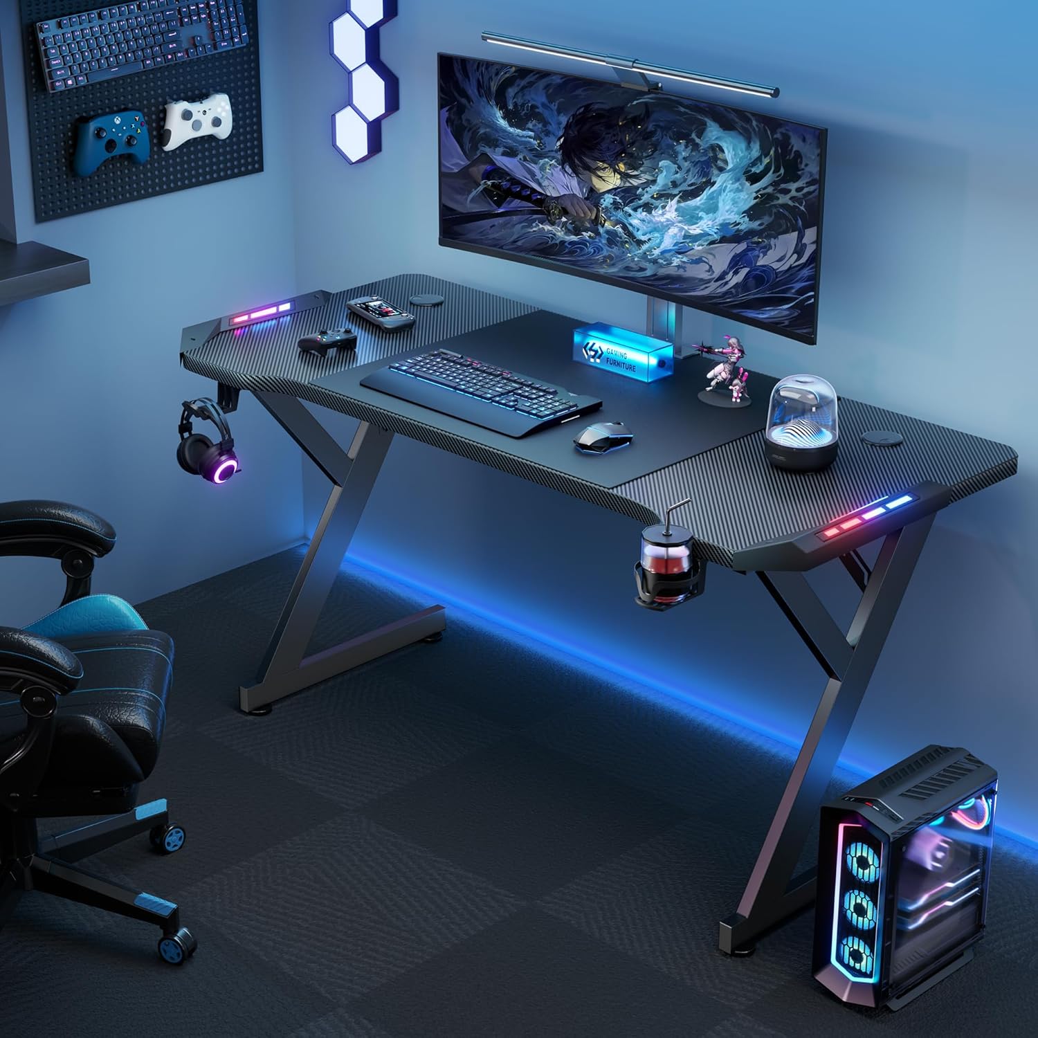 Full gaming setup with LED desk, cable grommets, RGB lighting, and accessories – perfect for gamers and streamers