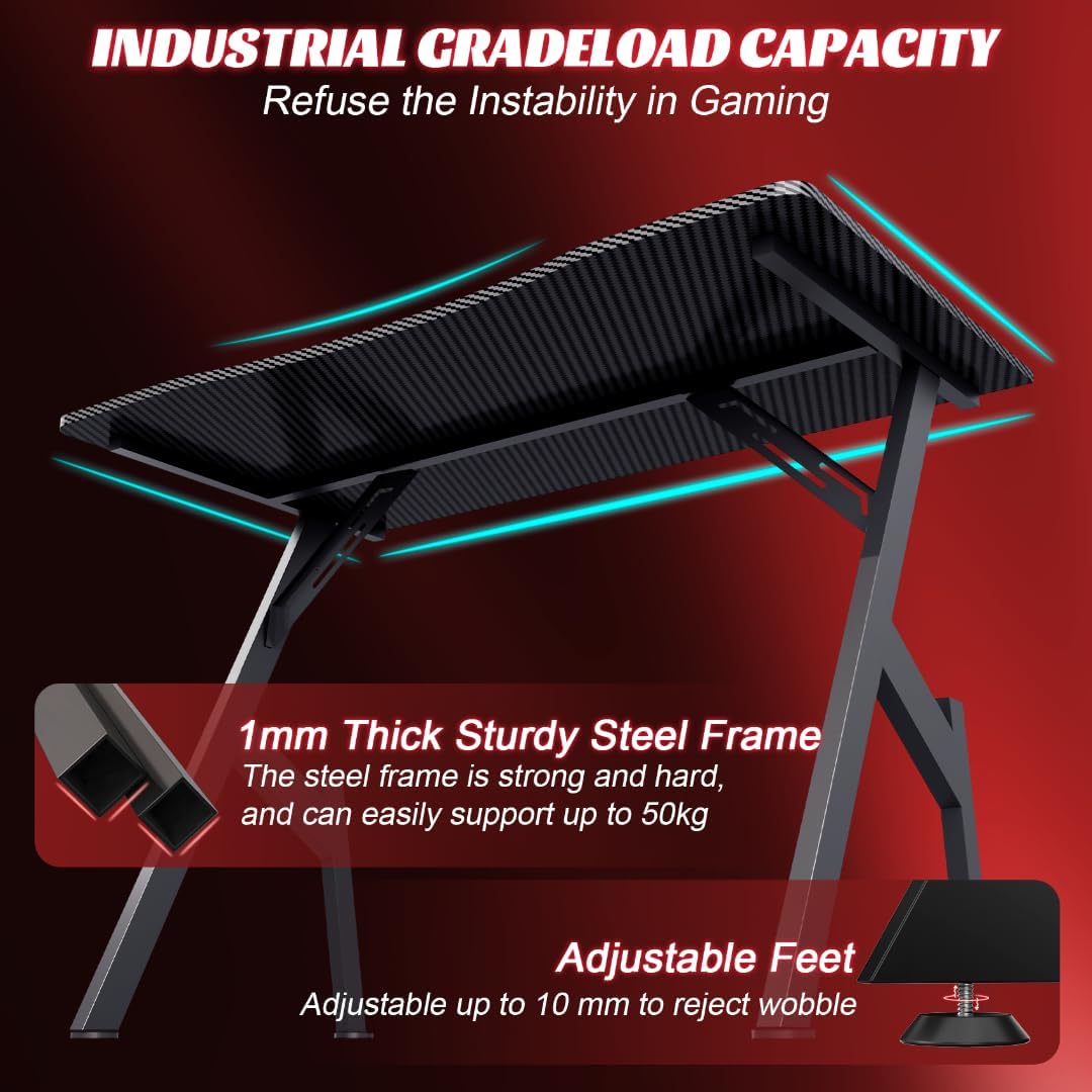 Underside view of gaming desk showing 1mm thick steel frame and adjustable feet for improved stability