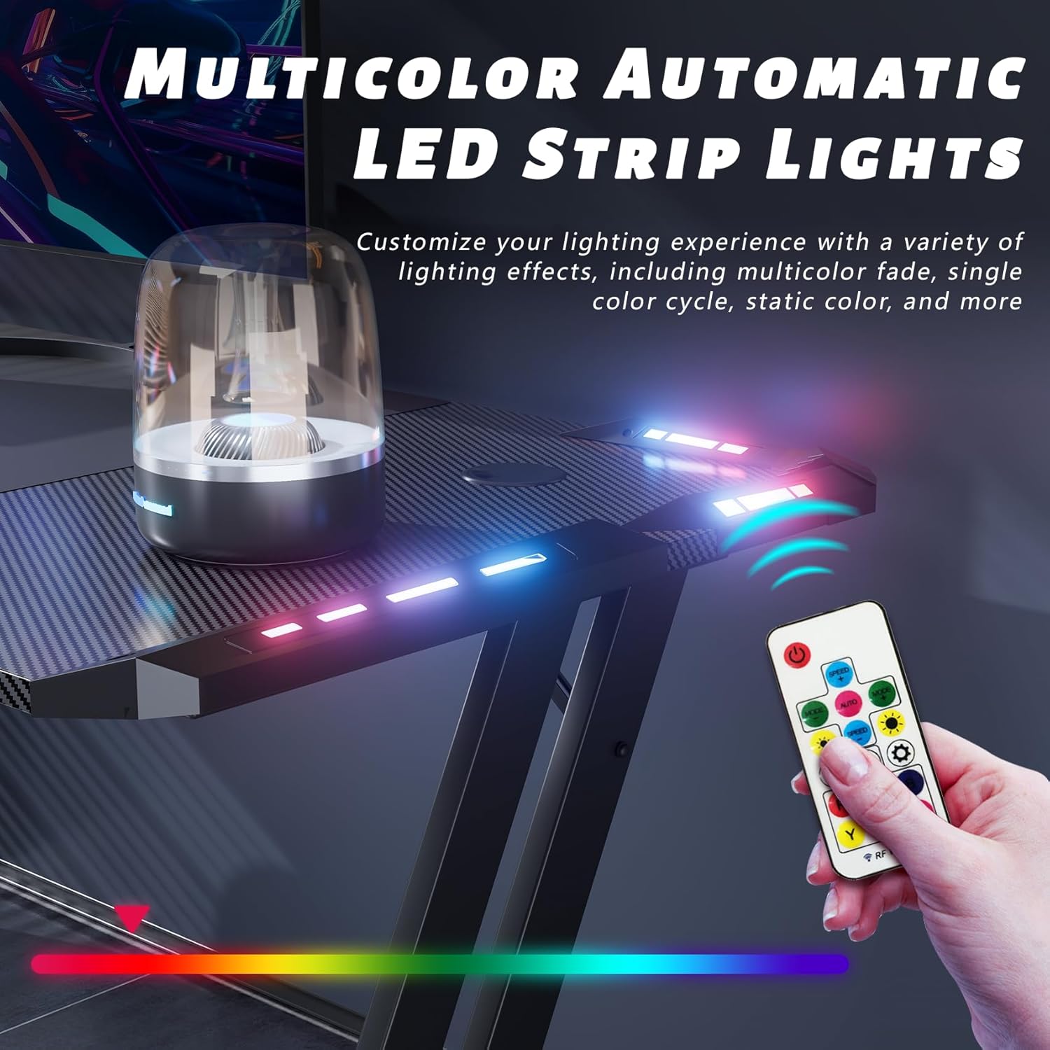 Multicolor LED lights on gaming desk with remote control lighting modes