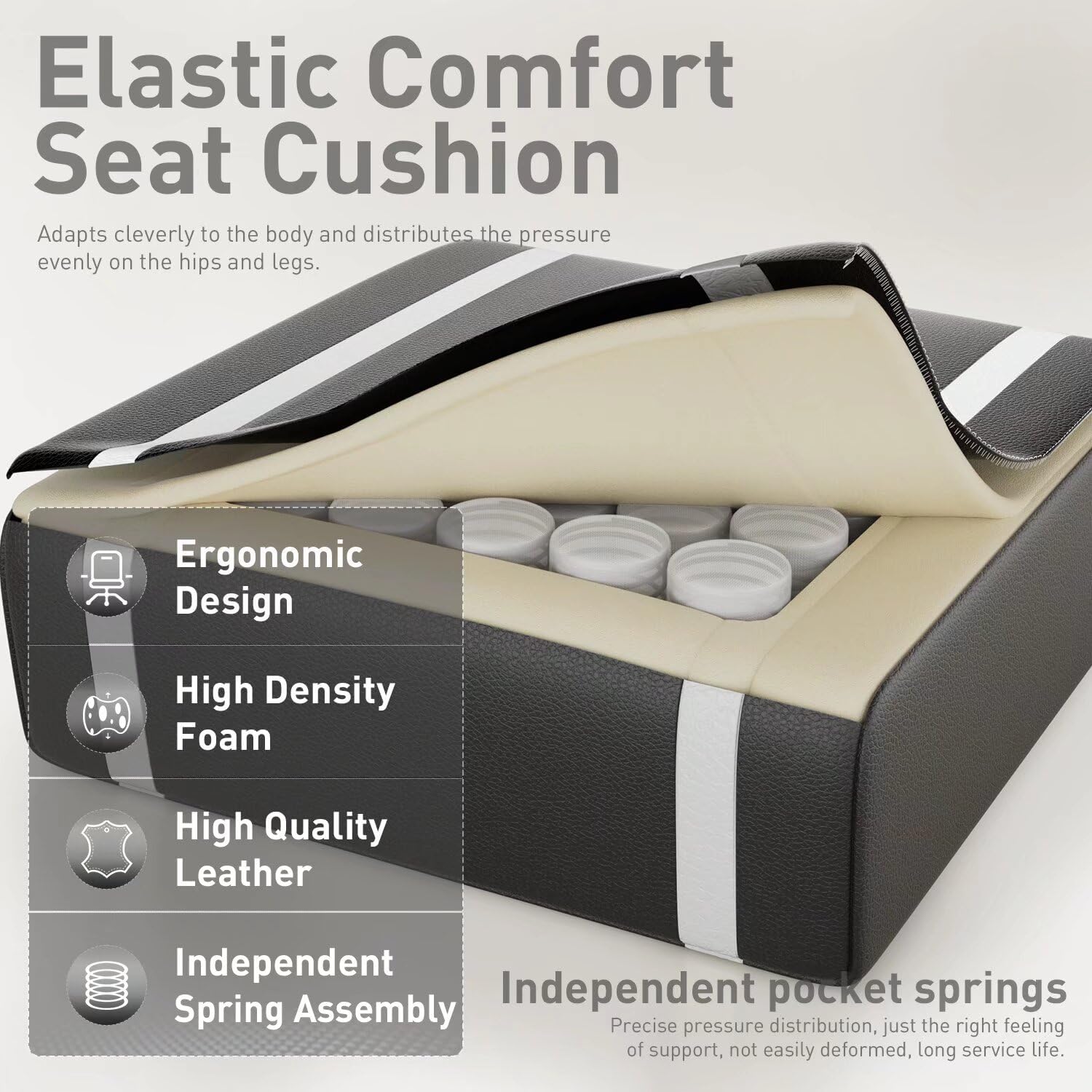 Elastic comfort seat cushion with high-density foam, leather surface, and spring core for support