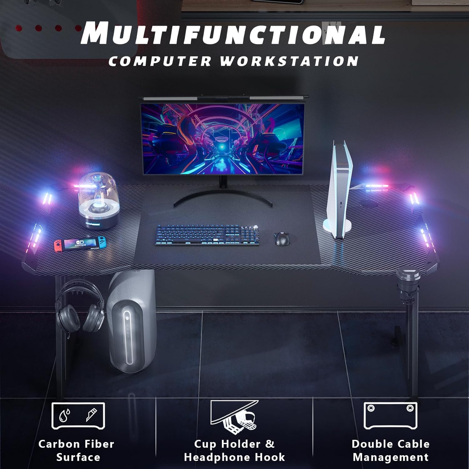 LED-lit gaming desk corner with multicolor strip lights and remote control in hand