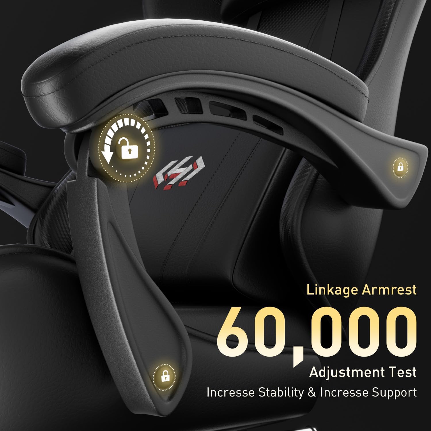 Padded gaming chair armrest with lock mechanism highlighted for durability and adjustability