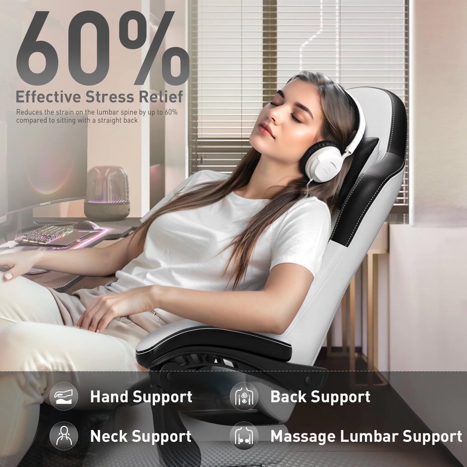 Woman relaxing in ergonomic gaming chair with massage lumbar support, neck and hand support icons